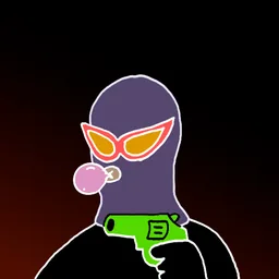 Background: dark heat · Body: Plain Body · Eyes: Bat Eye Red · Hand: Hand Gun · Mask: Purple Mask · Mouth: Purple Gum Robber #2084