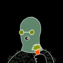 Background: black · Body: Gillie Suit · Eyes: Spec Olv · Hand: Carrot · Mask: Mint Mask · Mouth: Gold Robber #70