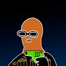 Background: dawn · Body: Suicide Boomer · Eyes: Vision Enhancer Blk · Hand: Hand Gun · Mask: Orange Mask · Mouth: Weave Robber #139